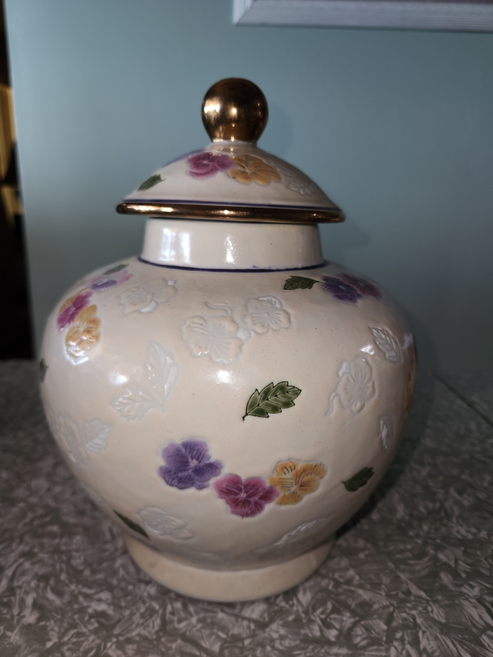 Cream Floral Ginger Jar with Gold Trim